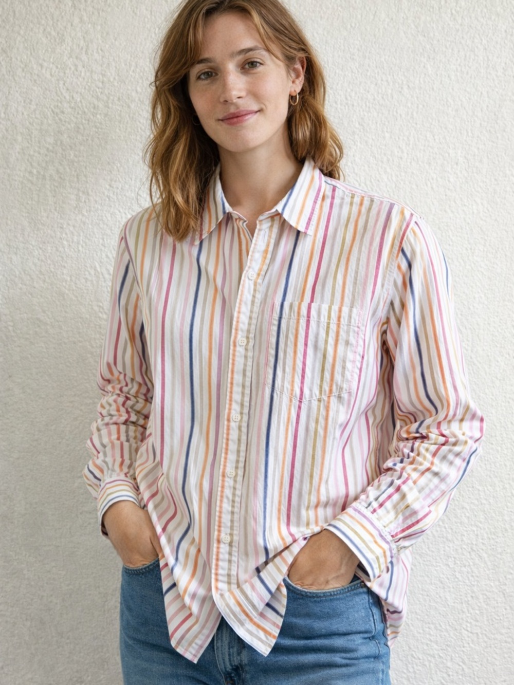 100% Cotton GAP White Shirt with Orange, Pink, Blue and Tan Stripes